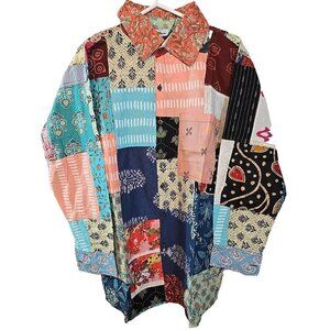 Colorful Patchwork Unisex‎ Boho Vintage Style Shirt button up front size L New